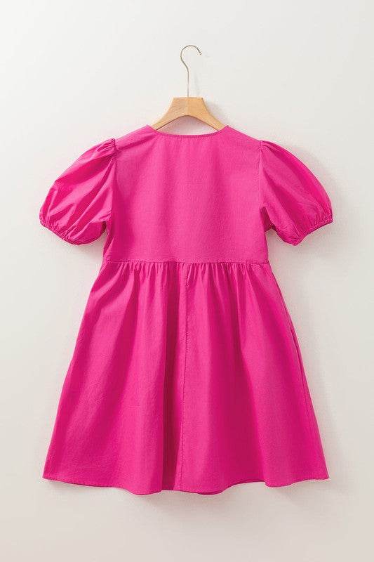 Bright Pink Tie Front Puff Sleeve Mini Dress - Shop Style & More | Fresh Looks, Everyday Deals & Free Shipping