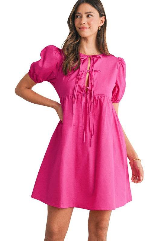 Bright Pink Tie Front Puff Sleeve Mini Dress - Shop Style & More | Fresh Looks, Everyday Deals & Free Shipping