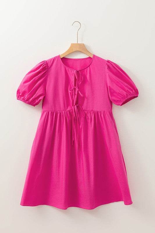 Bright Pink Tie Front Puff Sleeve Mini Dress - Shop Style & More | Fresh Looks, Everyday Deals & Free Shipping