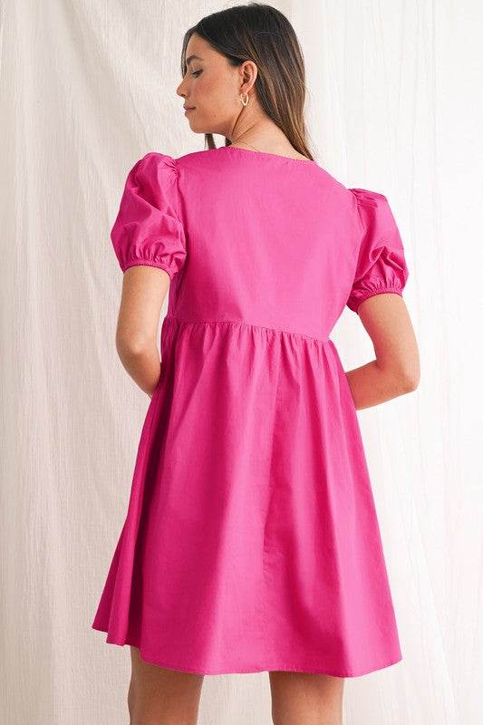 Bright Pink Tie Front Puff Sleeve Mini Dress - Shop Style & More | Fresh Looks, Everyday Deals & Free Shipping