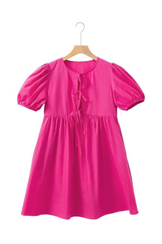 Bright Pink Tie Front Puff Sleeve Mini Dress - Shop Style & More | Fresh Looks, Everyday Deals & Free Shipping