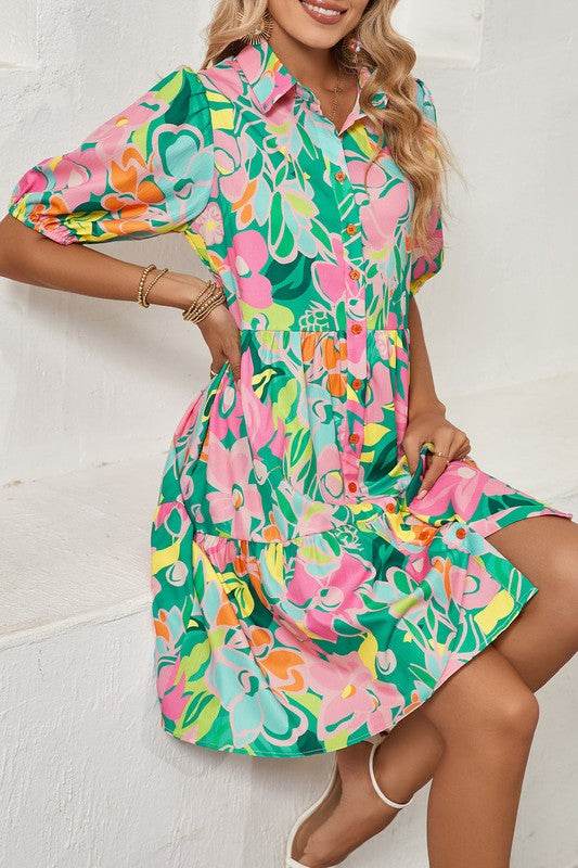 Green Floral Puff Sleeve Buttoned Babydoll Dress - Shop Style & More | Fresh Looks, Everyday Deals & Free Shipping