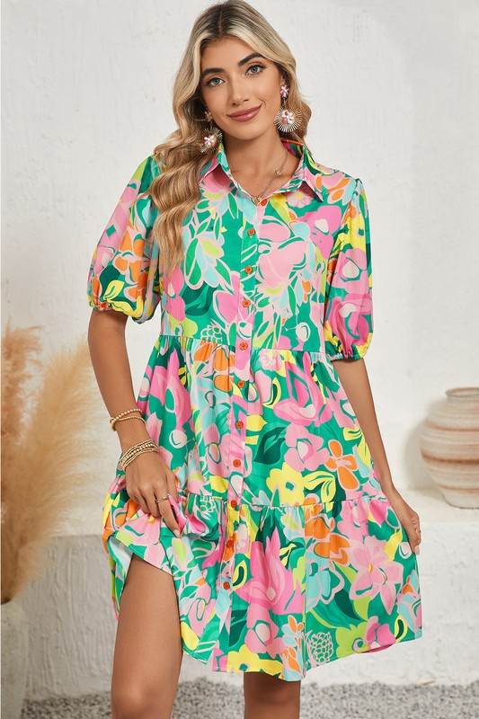 Green Floral Puff Sleeve Buttoned Babydoll Dress - Shop Style & More | Fresh Looks, Everyday Deals & Free Shipping
