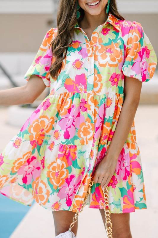 Green Floral Puff Sleeve Buttoned Babydoll Dress - Shop Style & More | Fresh Looks, Everyday Deals & Free Shipping