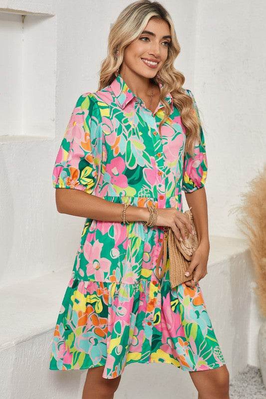 Green Floral Puff Sleeve Buttoned Babydoll Dress - Shop Style & More | Fresh Looks, Everyday Deals & Free Shipping
