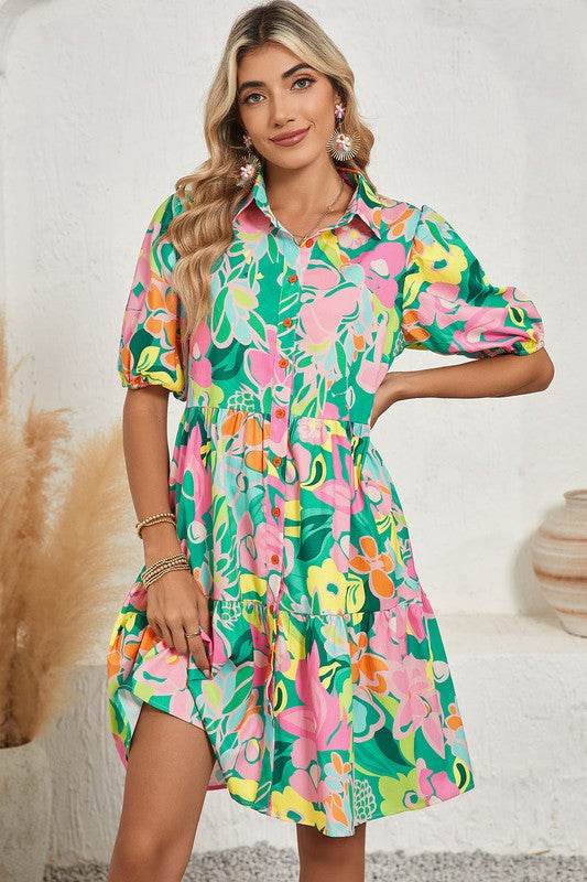 Green Floral Puff Sleeve Buttoned Babydoll Dress - Shop Style & More | Fresh Looks, Everyday Deals & Free Shipping