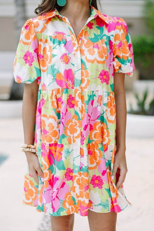 Green Floral Puff Sleeve Buttoned Babydoll Dress - Shop Style & More | Fresh Looks, Everyday Deals & Free Shipping