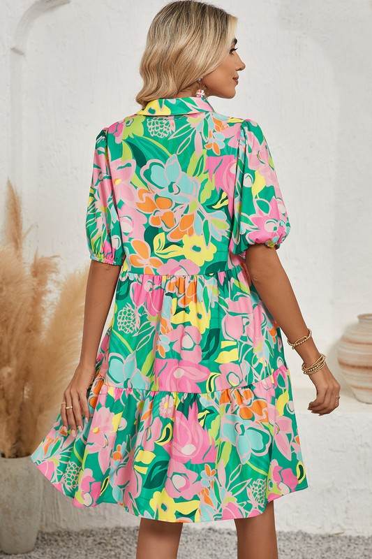 Green Floral Puff Sleeve Buttoned Babydoll Dress - Shop Style & More | Fresh Looks, Everyday Deals & Free Shipping