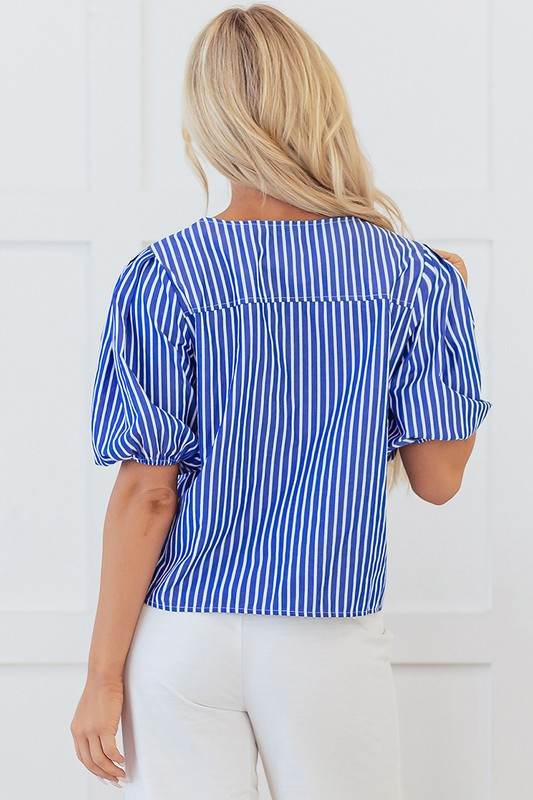 Blue Stripe Tied Front Puff Short Sleeve Blouse - Shop Style & More | Fresh Looks, Everyday Deals & Free Shipping