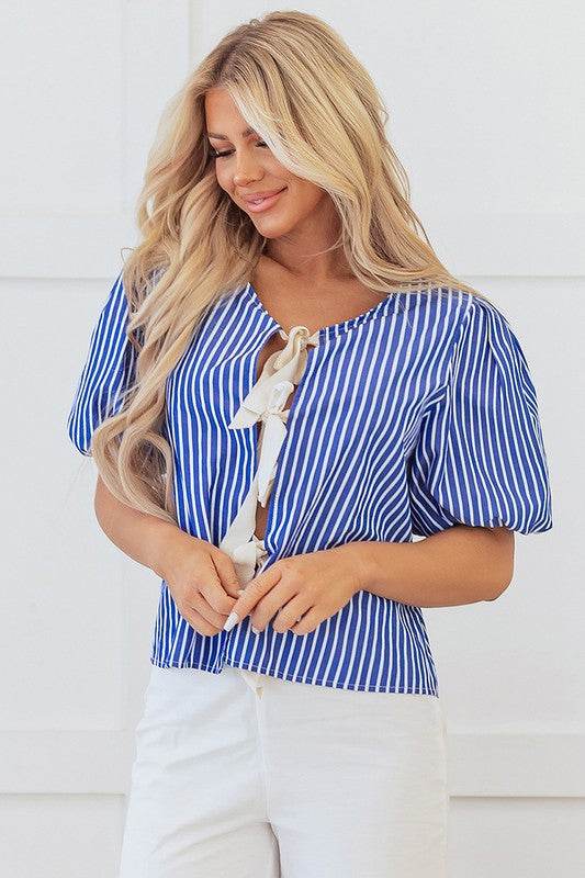 Blue Stripe Tied Front Puff Short Sleeve Blouse - Shop Style & More | Fresh Looks, Everyday Deals & Free Shipping