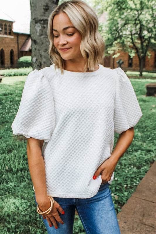 Phalaenopsis Solid Texture Puff Sleeve Blouse - Shop Style & More | Fresh Looks, Everyday Deals & Free Shipping