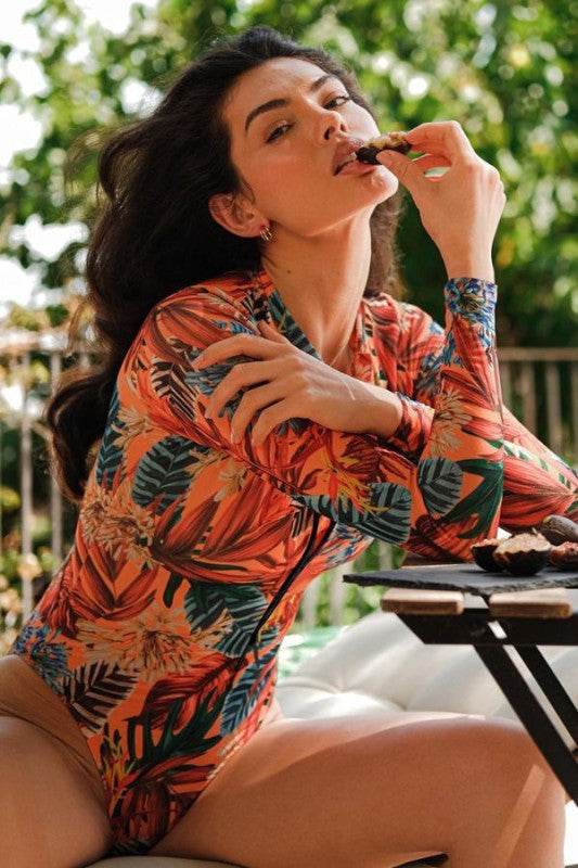 Leaf Floral Print Front Zip Long Sleeve Rash Guard - Shop Style & More | Fresh Looks, Everyday Deals & Free Shipping