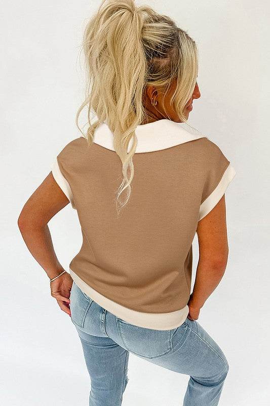 Half Zipper Collared Colorblock Short Sleeve Top - Shop Style & More | Fresh Looks, Everyday Deals & Free Shipping