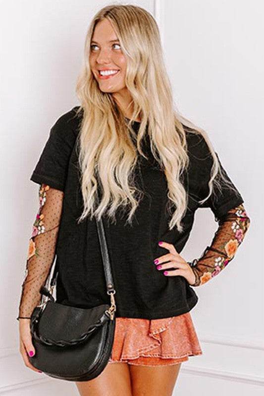 Faux Two Piece Floral Long Sleeve Patchwork Tee - Shop Style & More | Fresh Looks, Everyday Deals & Free Shipping