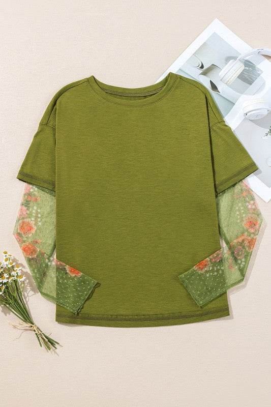 Faux Two Piece Floral Long Sleeve Patchwork Tee - Shop Style & More | Fresh Looks, Everyday Deals & Free Shipping