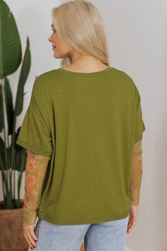Faux Two Piece Floral Long Sleeve Patchwork Tee - Shop Style & More | Fresh Looks, Everyday Deals & Free Shipping