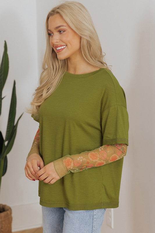 Faux Two Piece Floral Long Sleeve Patchwork Tee - Shop Style & More | Fresh Looks, Everyday Deals & Free Shipping