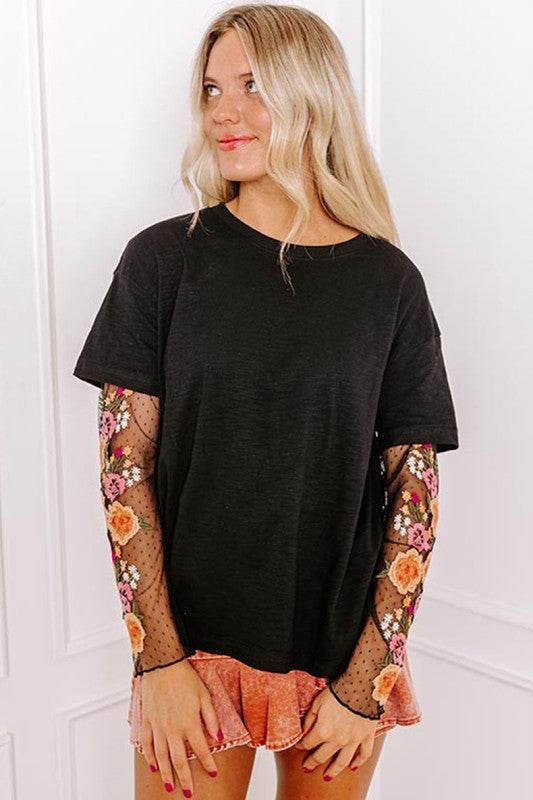 Faux Two Piece Floral Long Sleeve Patchwork Tee - Shop Style & More | Fresh Looks, Everyday Deals & Free Shipping