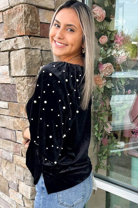 Black Pearl Beaded Half Sleeve Velvet Top - Shop Style & More | Fresh Looks, Everyday Deals & Free Shipping