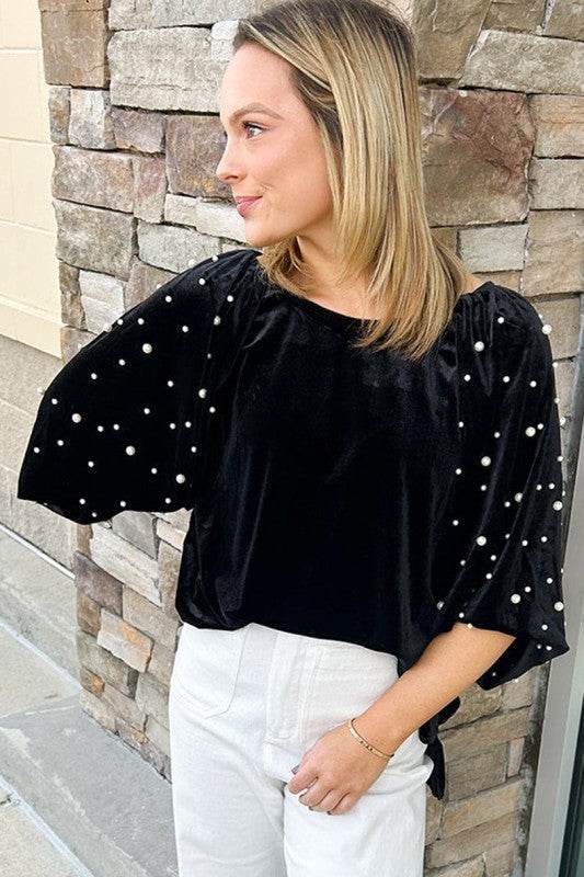 Black Pearl Beaded Half Sleeve Velvet Top - Shop Style & More | Fresh Looks, Everyday Deals & Free Shipping