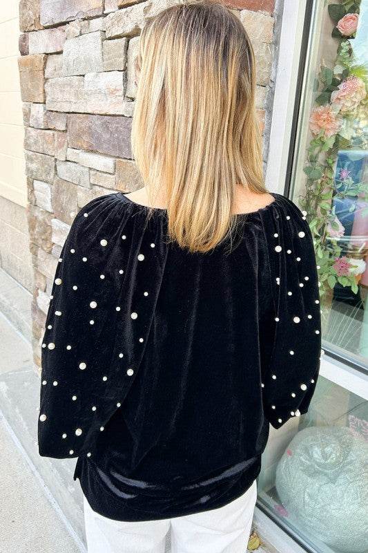 Black Pearl Beaded Half Sleeve Velvet Top - Shop Style & More | Fresh Looks, Everyday Deals & Free Shipping