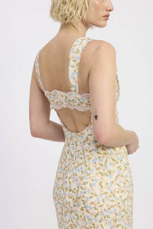 DITSY PRINT MIDI DRESS WITH CUTOUT AND LACE TRIM - Shop Style & More | Fresh Looks, Everyday Deals & Free Shipping