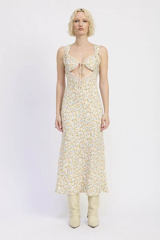 DITSY PRINT MIDI DRESS WITH CUTOUT AND LACE TRIM - Shop Style & More | Fresh Looks, Everyday Deals & Free Shipping
