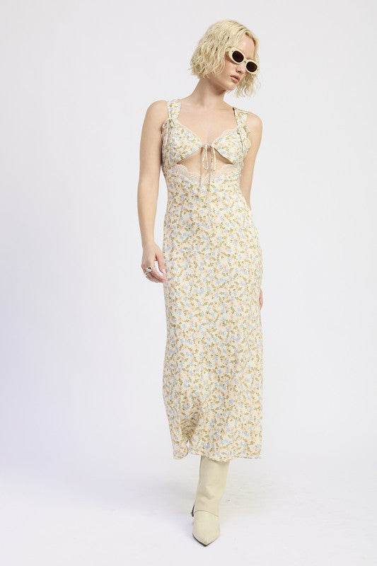 DITSY PRINT MIDI DRESS WITH CUTOUT AND LACE TRIM - Shop Style & More | Fresh Looks, Everyday Deals & Free Shipping