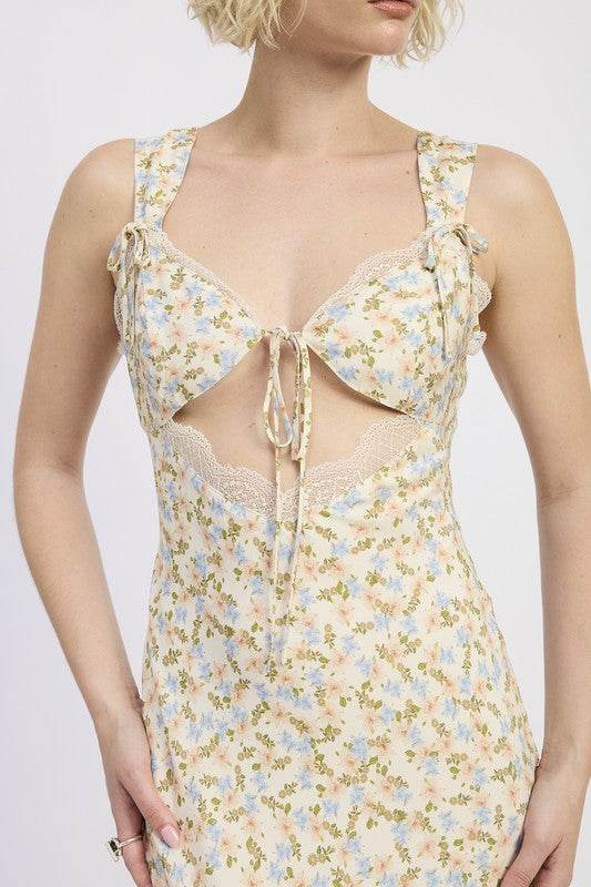 DITSY PRINT MIDI DRESS WITH CUTOUT AND LACE TRIM - Shop Style & More | Fresh Looks, Everyday Deals & Free Shipping
