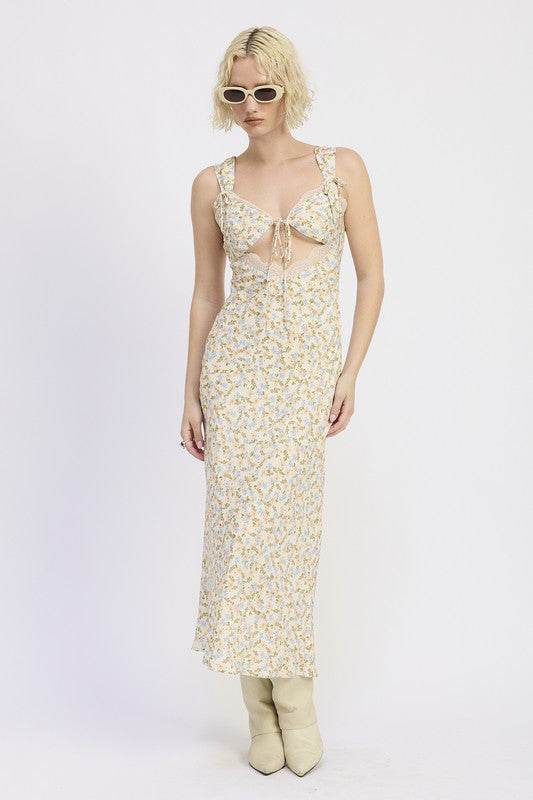 DITSY PRINT MIDI DRESS WITH CUTOUT AND LACE TRIM - Shop Style & More | Fresh Looks, Everyday Deals & Free Shipping