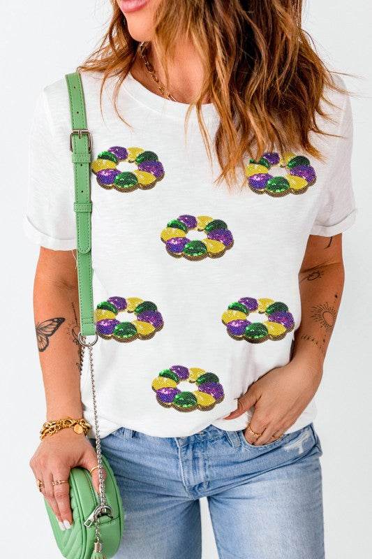 Mardi Gras Pattern Crew Neck Short Sleeve Top - Shop Style & More | Fresh Looks, Everyday Deals & Free Shipping