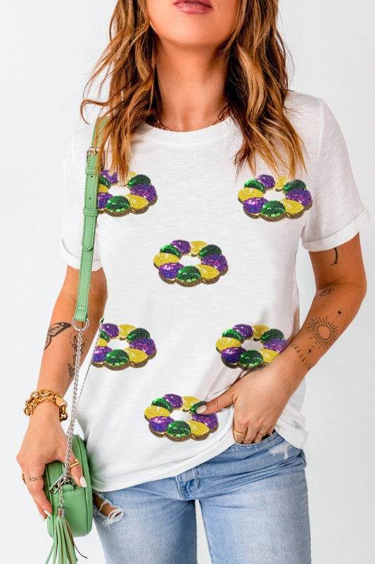 Mardi Gras Pattern Crew Neck Short Sleeve Top - Shop Style & More | Fresh Looks, Everyday Deals & Free Shipping