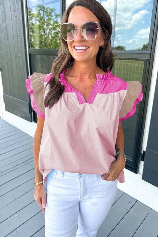 Colorblock Ruffled Sleeve Frill V Neck Blouse - Shop Style & More | Fresh Looks, Everyday Deals & Free Shipping