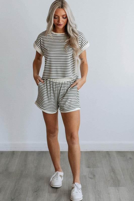 White Stripe Contrast Edge Tee and Shorts Set - Shop Style & More | Fresh Looks, Everyday Deals & Free Shipping