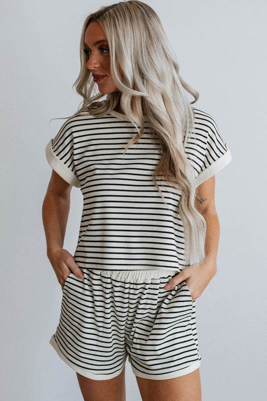 White Stripe Contrast Edge Tee and Shorts Set - Shop Style & More | Fresh Looks, Everyday Deals & Free Shipping
