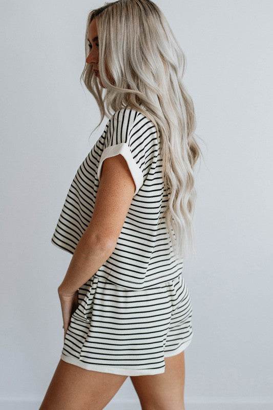 White Stripe Contrast Edge Tee and Shorts Set - Shop Style & More | Fresh Looks, Everyday Deals & Free Shipping