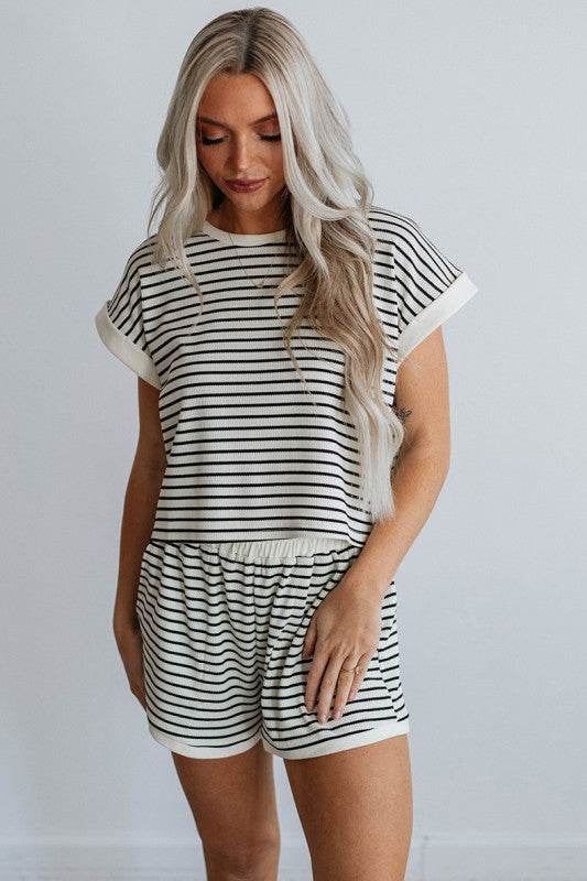 White Stripe Contrast Edge Tee and Shorts Set - Shop Style & More | Fresh Looks, Everyday Deals & Free Shipping