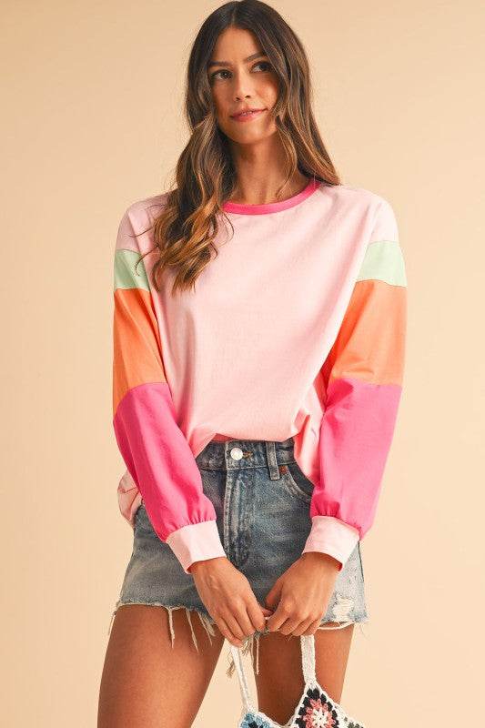 Dark Blue Color Block Sleeve Loose Fit Top - Shop Style & More | Fresh Looks, Everyday Deals & Free Shipping