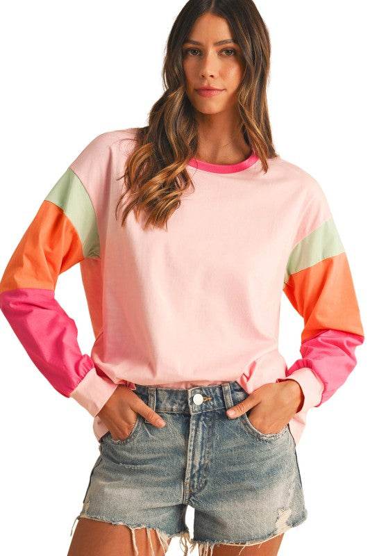 Dark Blue Color Block Sleeve Loose Fit Top - Shop Style & More | Fresh Looks, Everyday Deals & Free Shipping