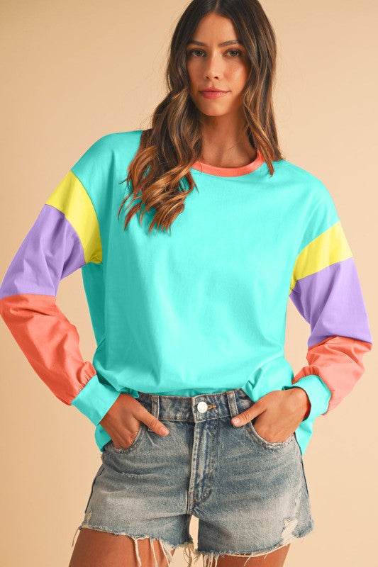 Dark Blue Color Block Sleeve Loose Fit Top - Shop Style & More | Fresh Looks, Everyday Deals & Free Shipping