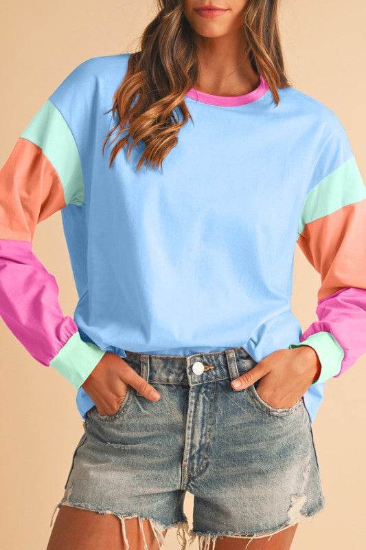 Dark Blue Color Block Sleeve Loose Fit Top - Shop Style & More | Fresh Looks, Everyday Deals & Free Shipping