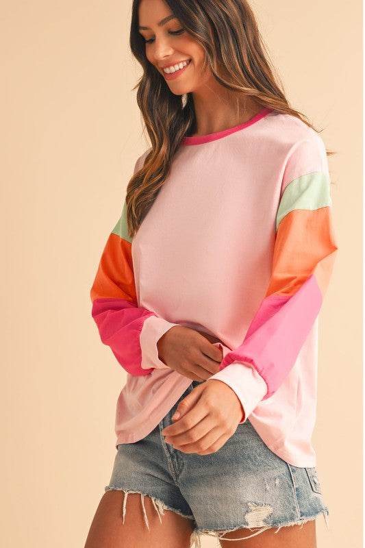 Dark Blue Color Block Sleeve Loose Fit Top - Shop Style & More | Fresh Looks, Everyday Deals & Free Shipping