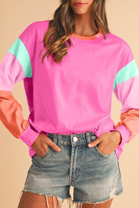 Dark Blue Color Block Sleeve Loose Fit Top - Shop Style & More | Fresh Looks, Everyday Deals & Free Shipping