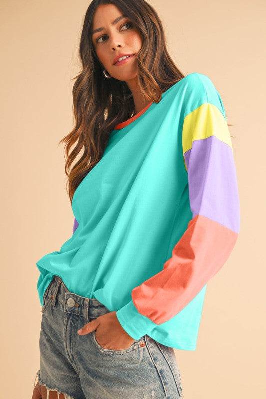 Dark Blue Color Block Sleeve Loose Fit Top - Shop Style & More | Fresh Looks, Everyday Deals & Free Shipping