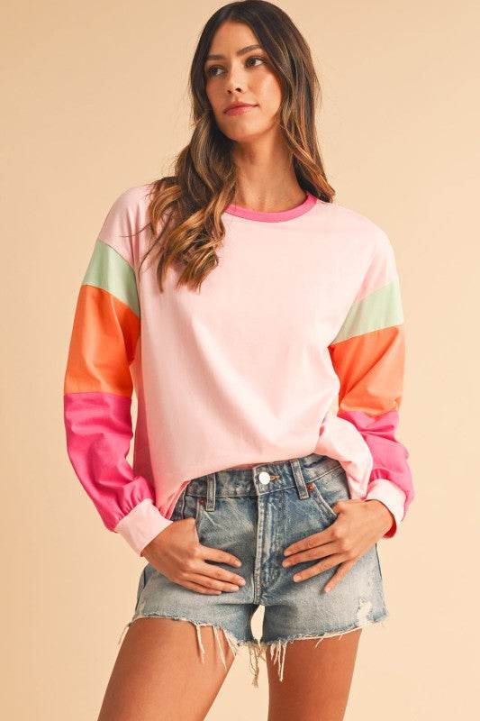 Dark Blue Color Block Sleeve Loose Fit Top - Shop Style & More | Fresh Looks, Everyday Deals & Free Shipping
