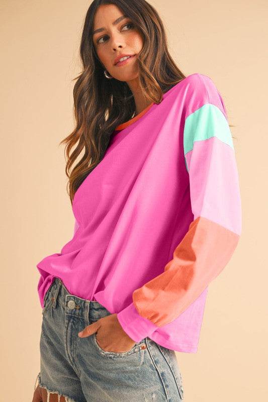 Dark Blue Color Block Sleeve Loose Fit Top - Shop Style & More | Fresh Looks, Everyday Deals & Free Shipping