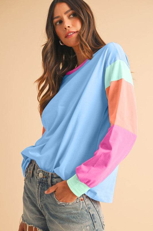 Dark Blue Color Block Sleeve Loose Fit Top - Shop Style & More | Fresh Looks, Everyday Deals & Free Shipping