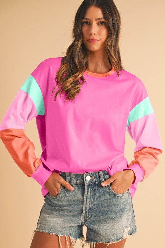 Dark Blue Color Block Sleeve Loose Fit Top - Shop Style & More | Fresh Looks, Everyday Deals & Free Shipping