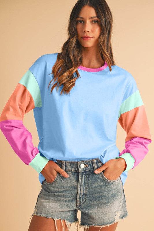 Dark Blue Color Block Sleeve Loose Fit Top - Shop Style & More | Fresh Looks, Everyday Deals & Free Shipping