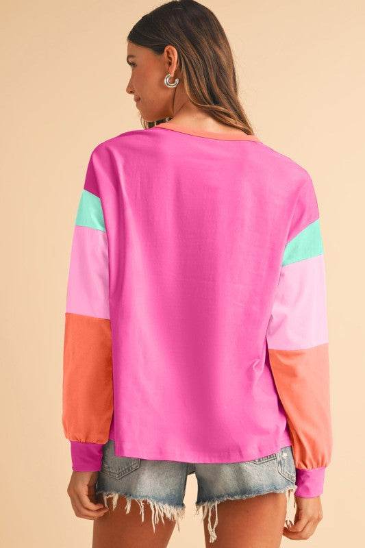 Dark Blue Color Block Sleeve Loose Fit Top - Shop Style & More | Fresh Looks, Everyday Deals & Free Shipping